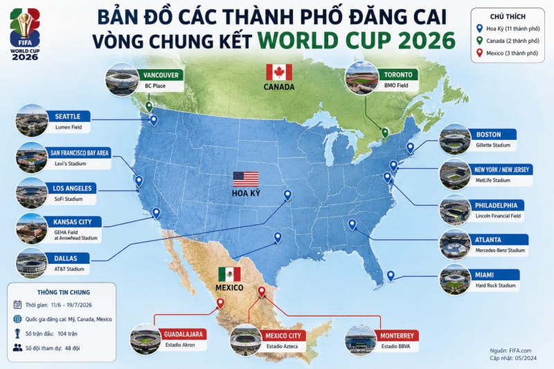 Bản đồ các thành phố đăng cai vòng chung kết World Cup 2026 tại Mỹ, Canada và Mexico